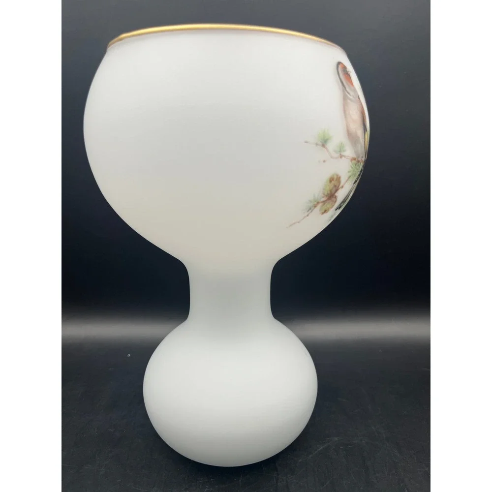Vtg Opaline Satin Norleans Frosted Glass Vase Gold Trim Bird Pine Painted 7x4.5
